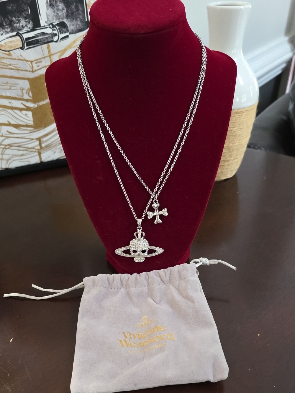 Vivienne Westwood Silver Crystal Orb & Cross Double Pendant Necklace